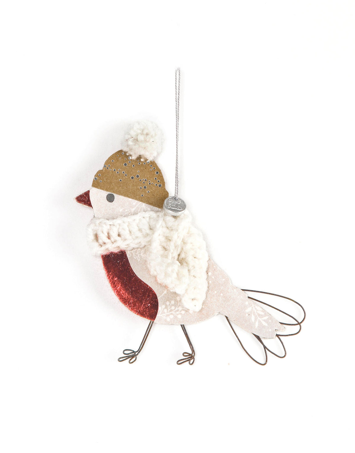 Wintervogel mit Strickmütze & Schal – Creme