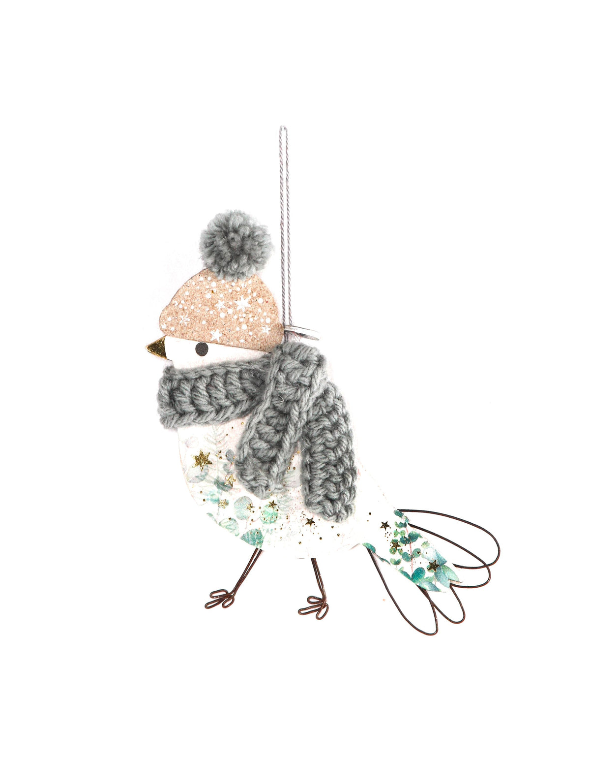 Wintervogel mit Strickmütze & Schal – Grau