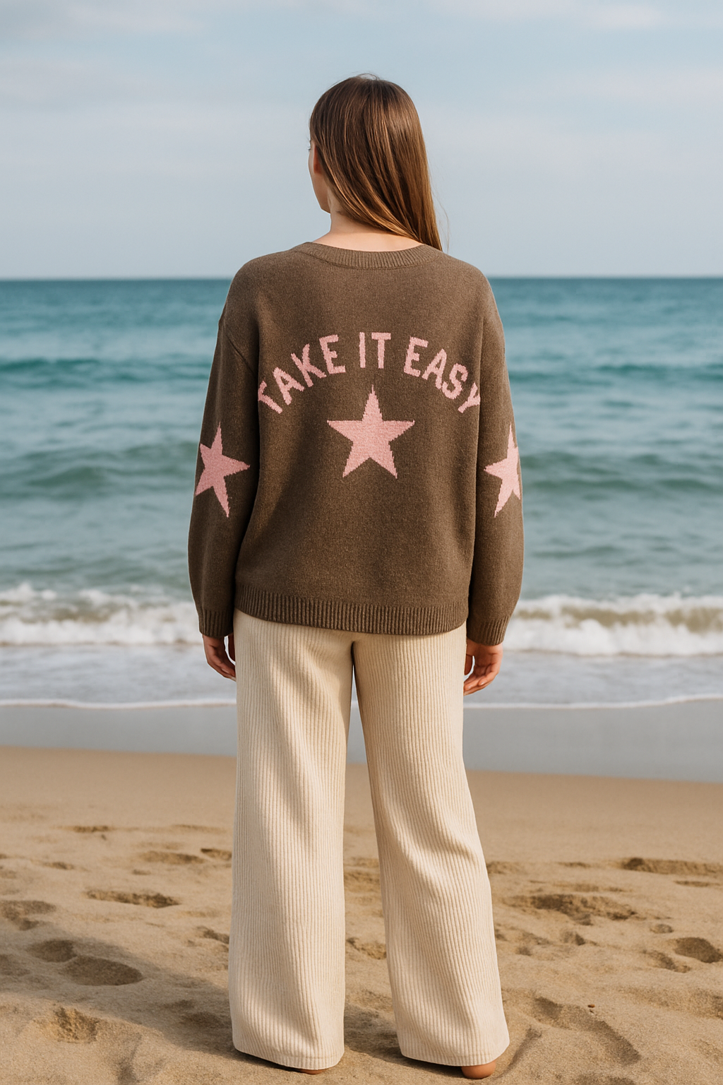 Kuscheliger "TAKE IT EASY" Pulli mit Stern in Braun/Rosa