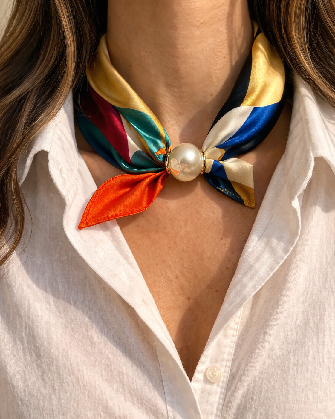 Halstuch Satin Glow – Multicolor mit Perlenverschluss