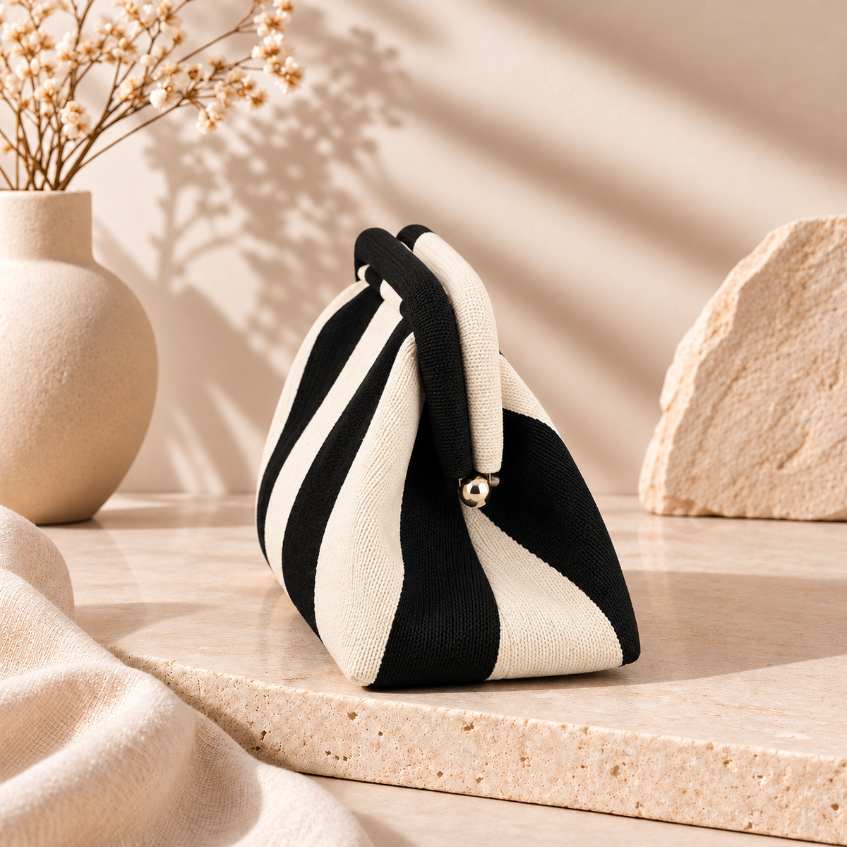 BE FAMOUS Striped Woven Clutch Bag - Schwarz/Creme