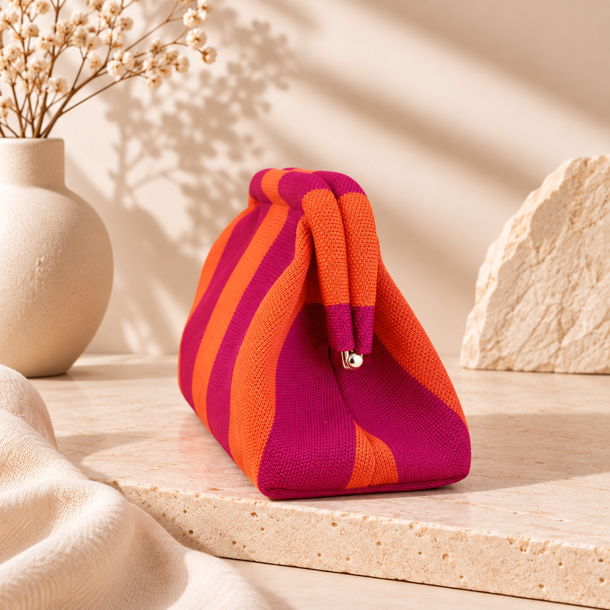 BE FAMOUS Striped Woven Clutch Bag - Pink/Orange