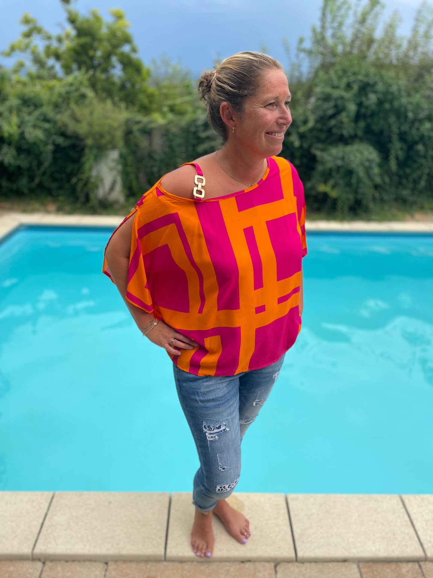 Schulterfreie Bluse in Orange/Pink