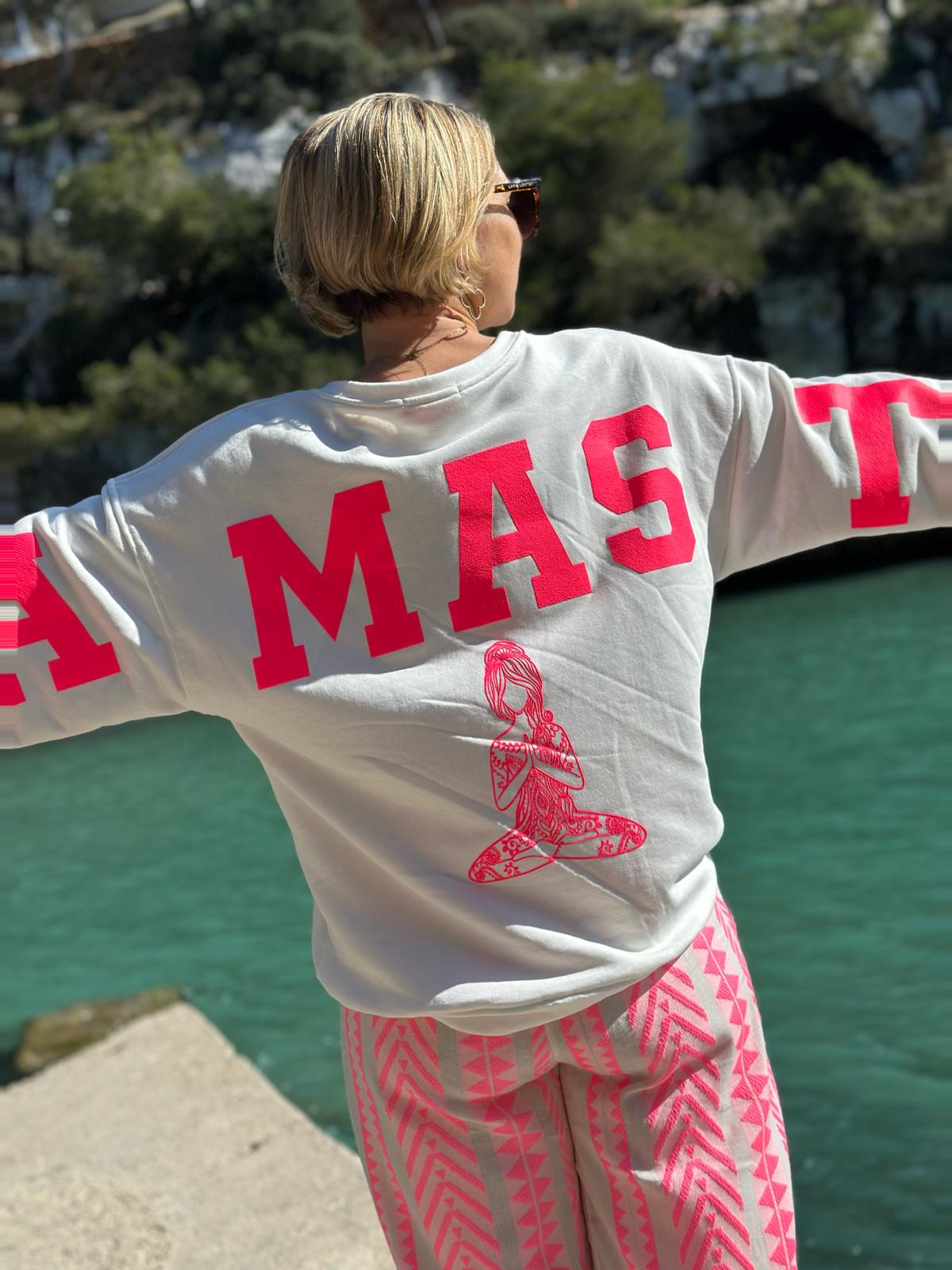 Onesize Sweater "NAMASTE" in Weiß/Pink