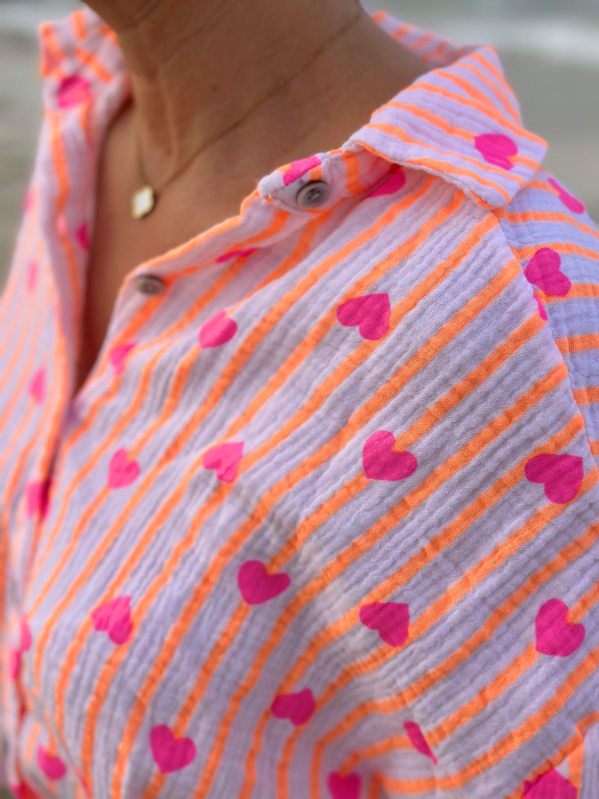 Zuckersüße Musselinbluse "ORANGE STRIPES & PINK HEARTS"