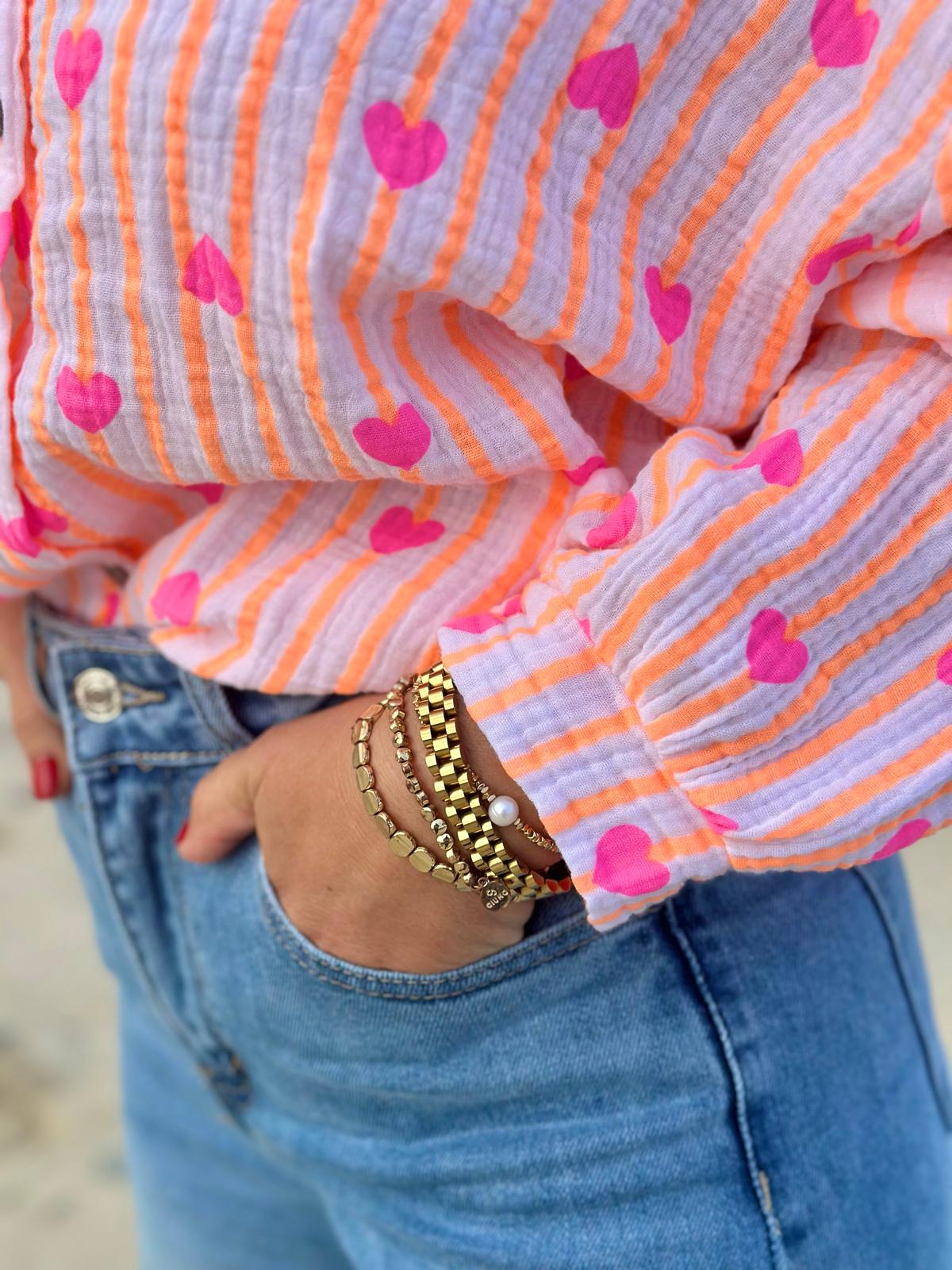 Zuckersüße Musselinbluse "ORANGE STRIPES & PINK HEARTS"