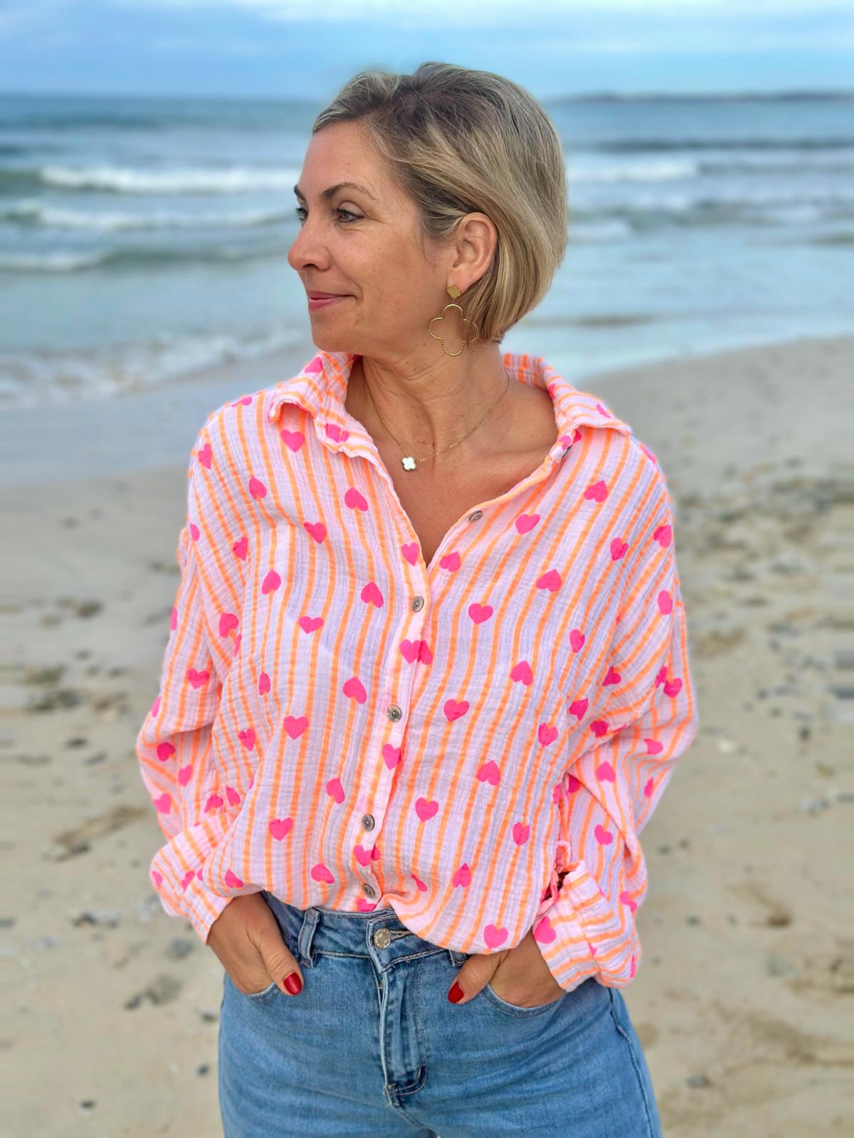 Zuckersüße Musselinbluse "ORANGE STRIPES & PINK HEARTS"