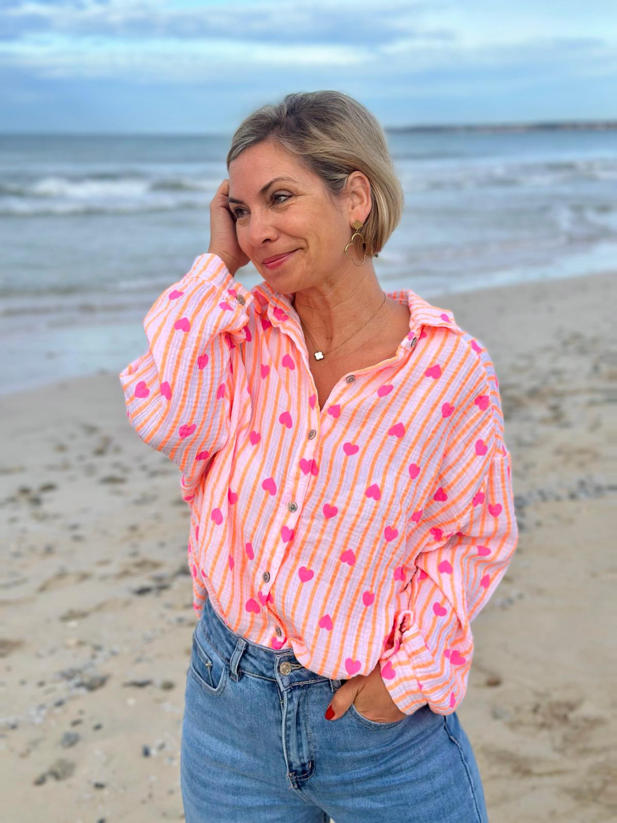 Zuckersüße Musselinbluse "ORANGE STRIPES & PINK HEARTS"