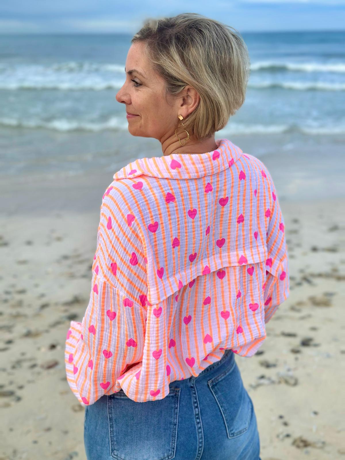 Zuckersüße Musselinbluse "ORANGE STRIPES & PINK HEARTS"