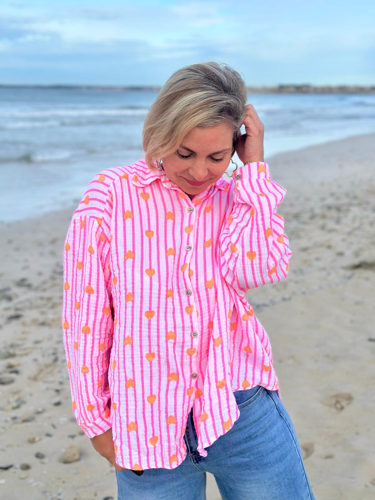 Zuckersüße Musselinbluse "PINK STRIPES & ORANGE HEARTS"