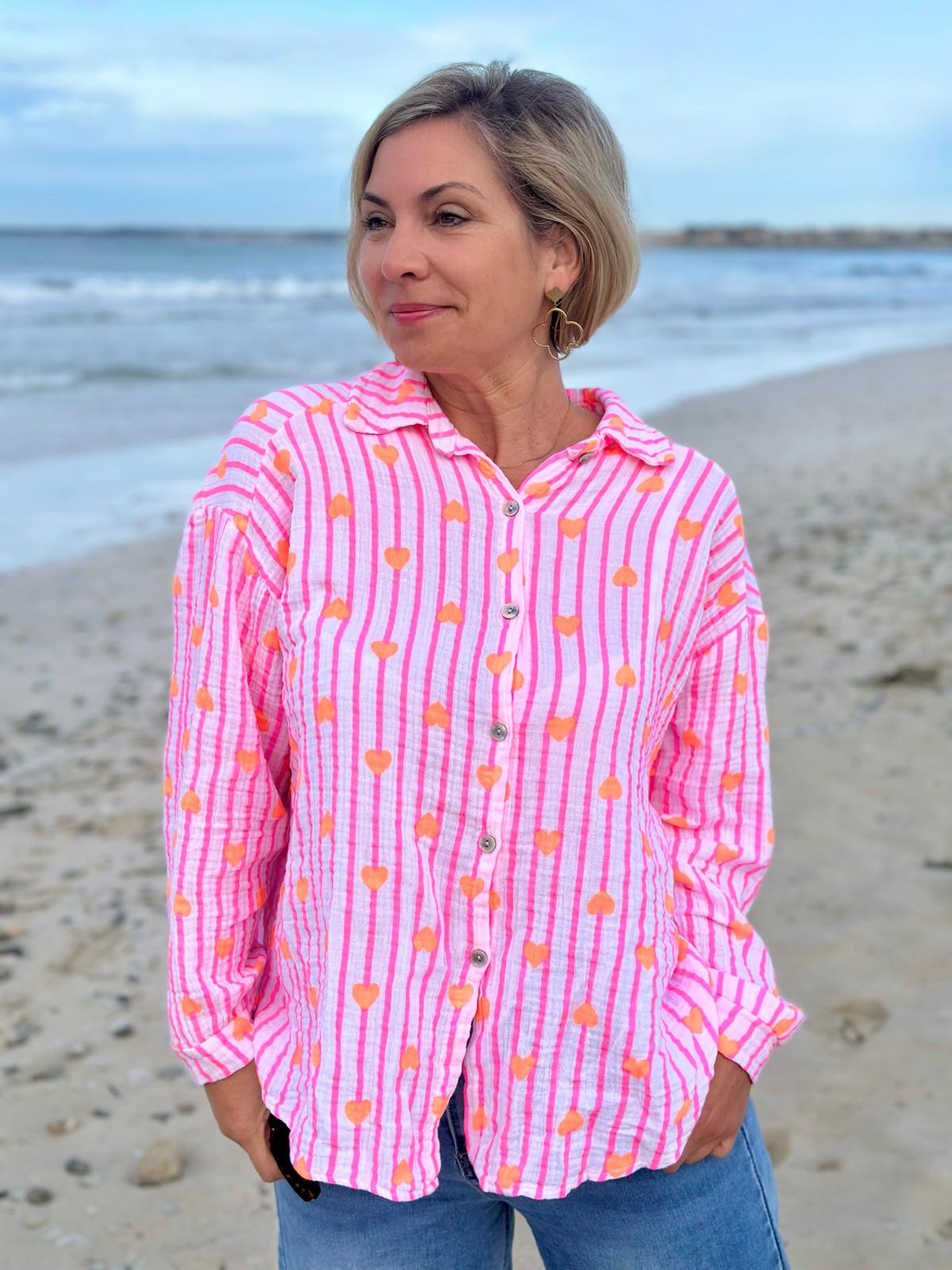 Zuckersüße Musselinbluse "PINK STRIPES & ORANGE HEARTS"