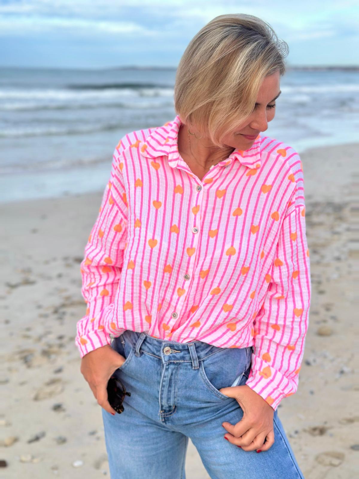 Zuckersüße Musselinbluse "PINK STRIPES & ORANGE HEARTS"