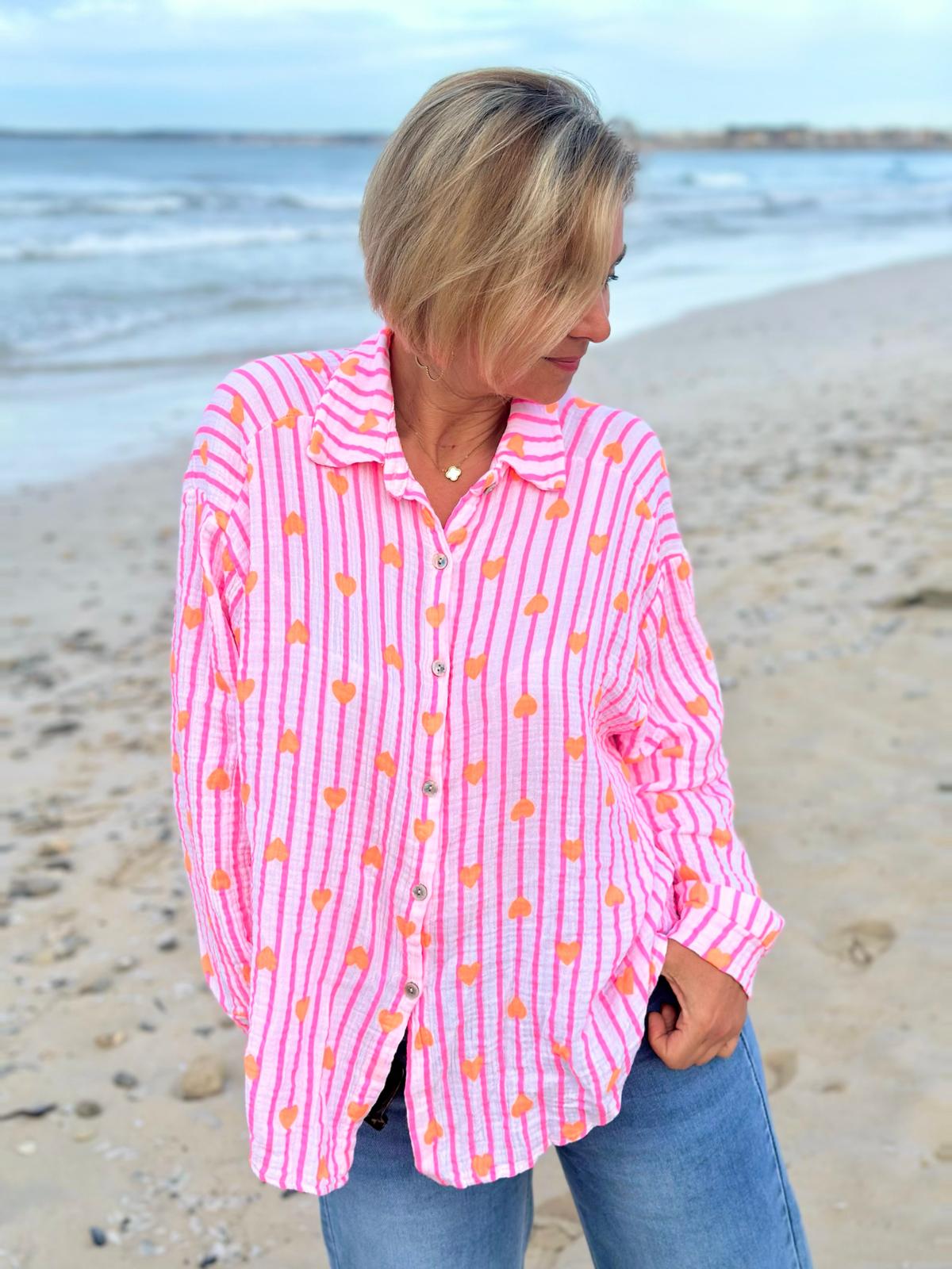 Zuckersüße Musselinbluse "PINK STRIPES & ORANGE HEARTS"