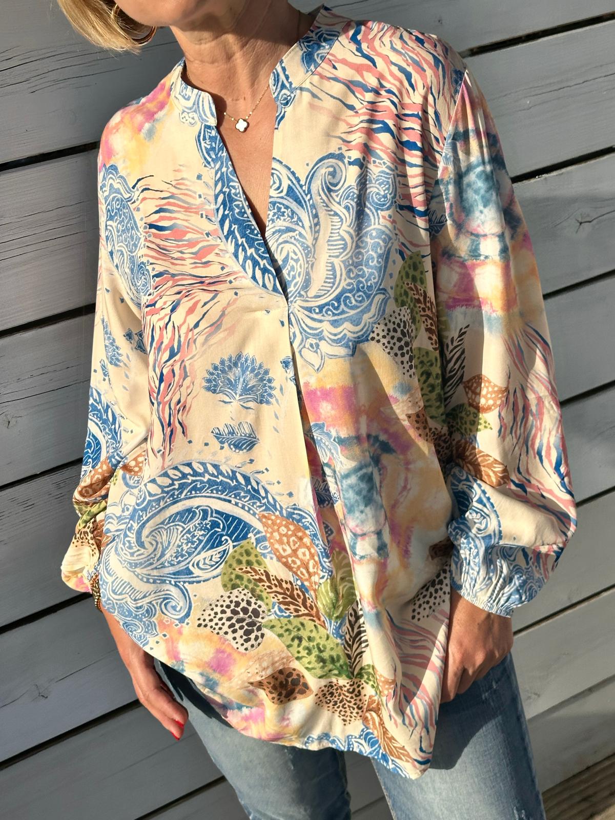 Onesize Sommerbluse "HERMOSA" in Sand/Blue