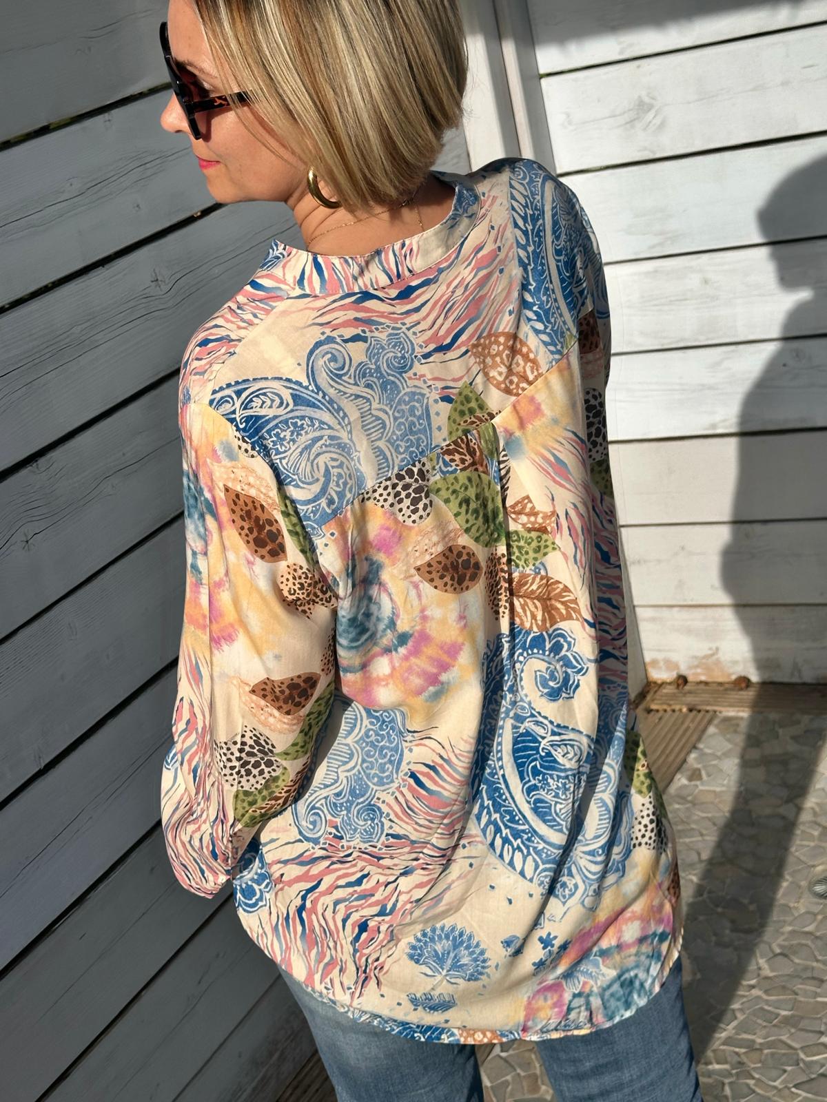 Onesize Sommerbluse "HERMOSA" in Sand/Blue