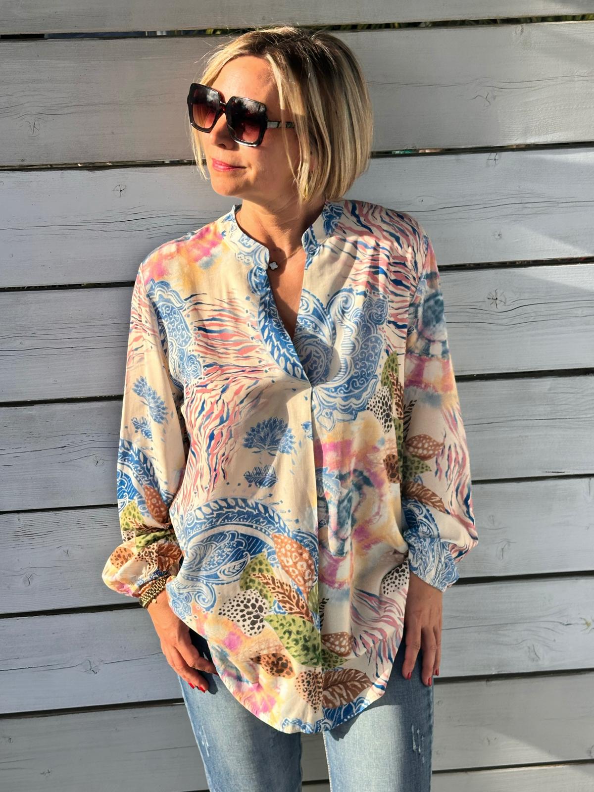 Onesize Sommerbluse "HERMOSA" in Sand/Blue