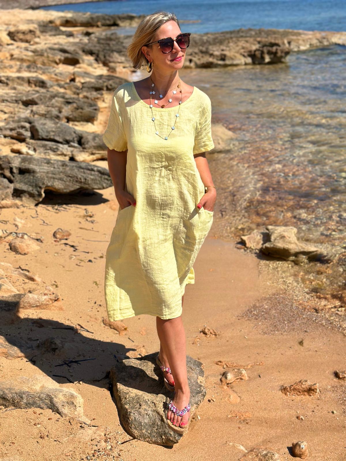 Weites Leinen-Sommerkleid "Fabrizia" in Gelb