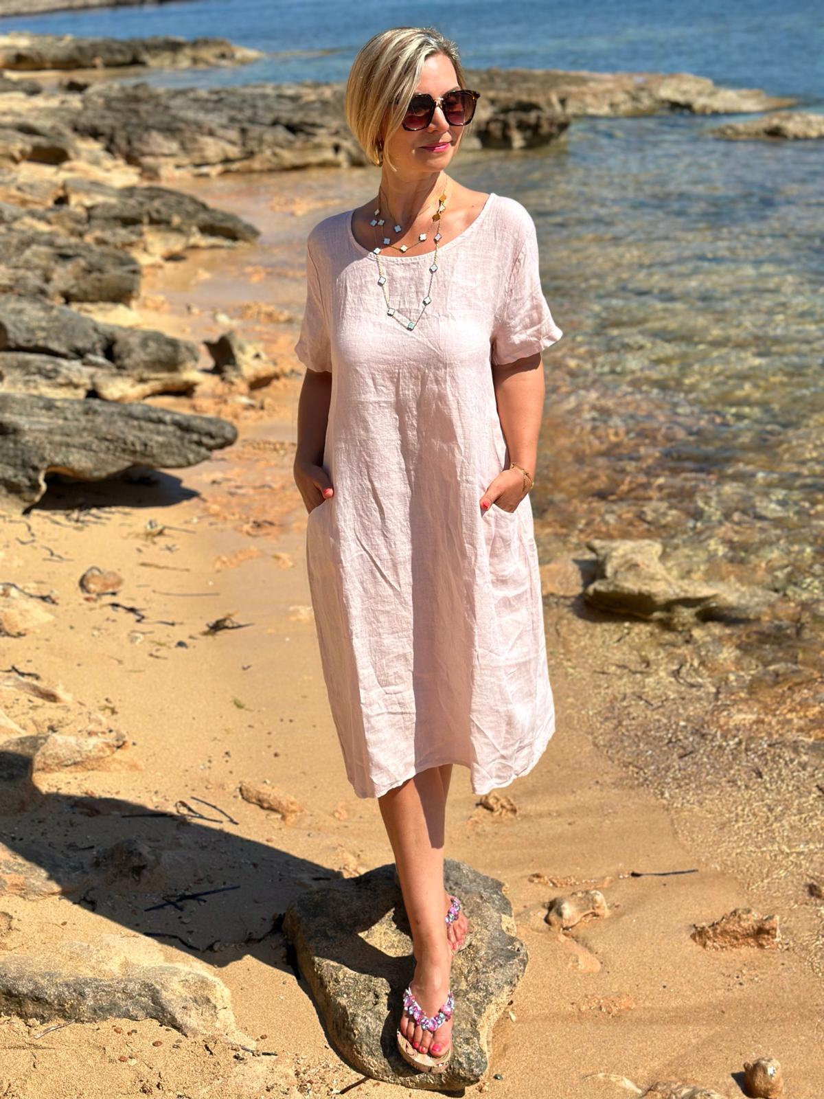 Weites Leinen-Sommerkleid "Fabrizia" in Hellrosa
