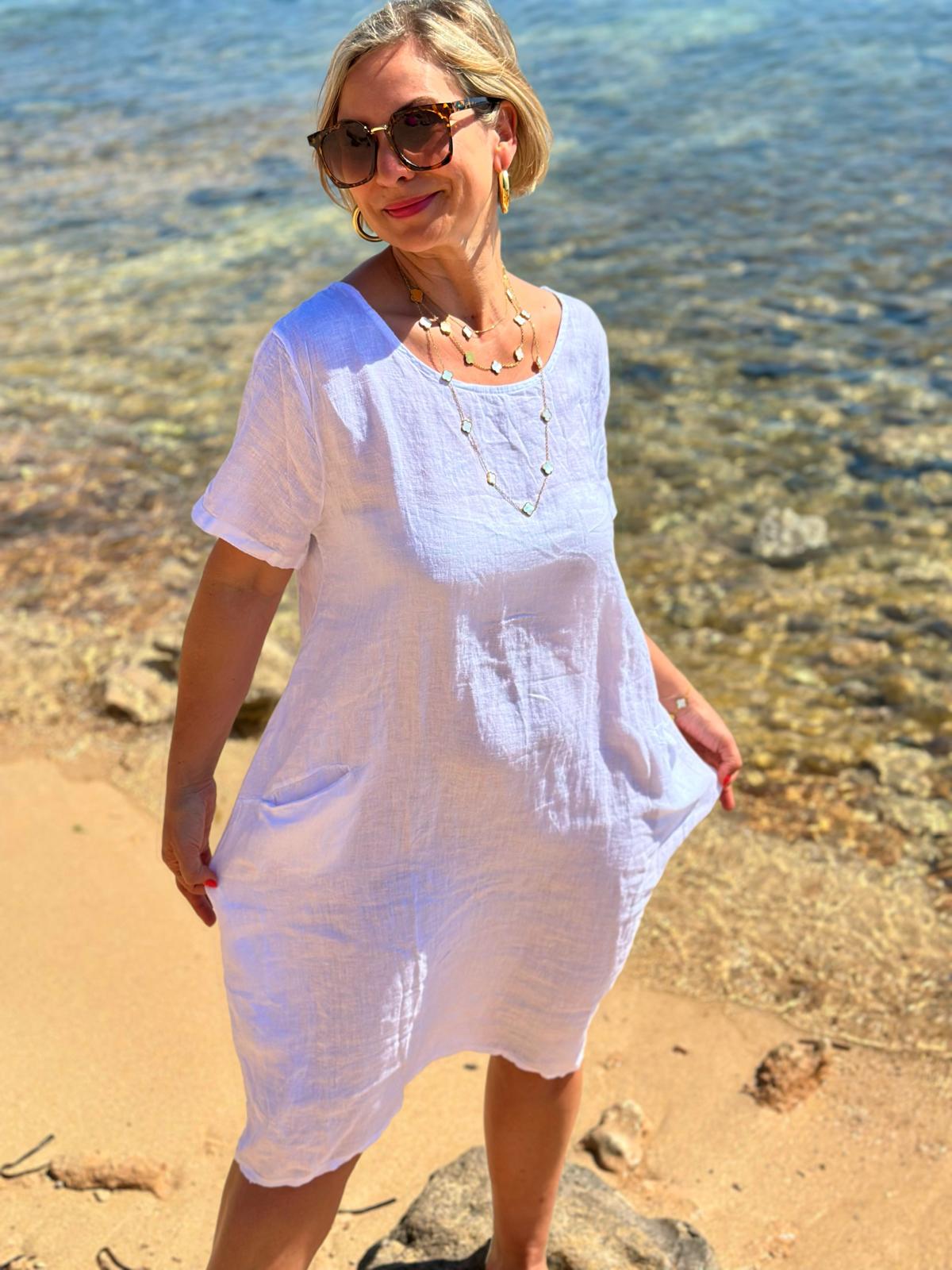 Weites Leinen-Sommerkleid "Fabrizia" in Weiß