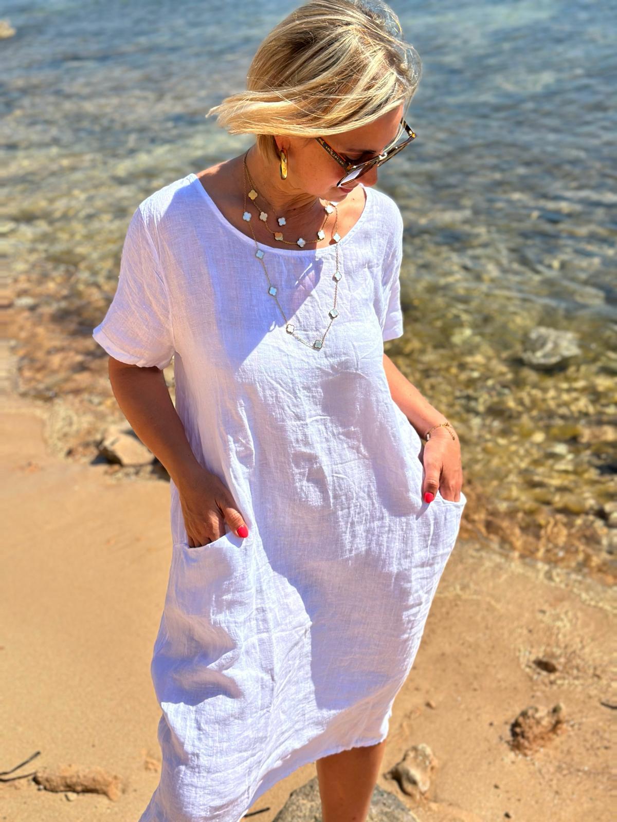 Weites Leinen-Sommerkleid "Fabrizia" in Weiß