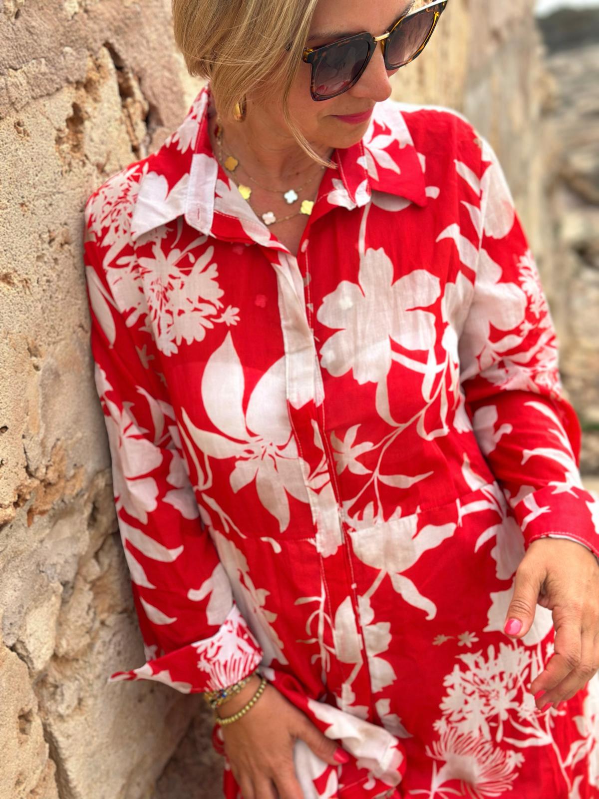 Weit geschnittenes Sommerkleid mit Kragen in RED PALMS