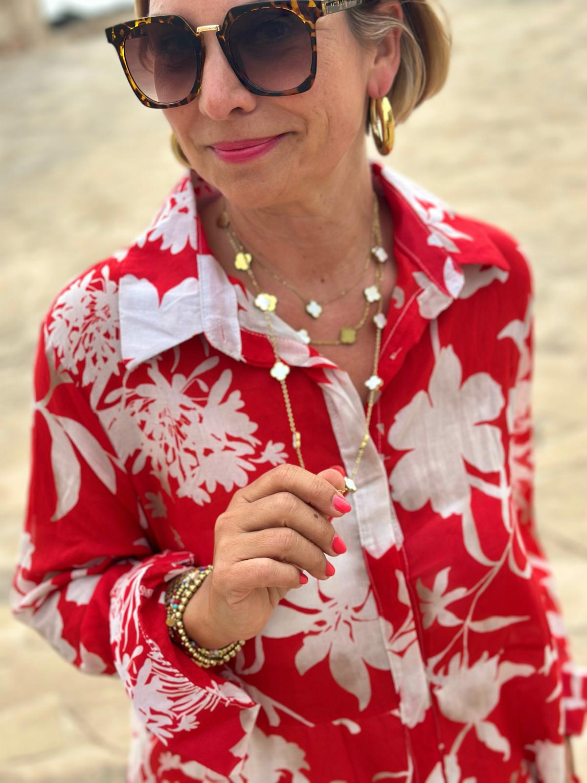 Weit geschnittenes Sommerkleid mit Kragen in RED PALMS