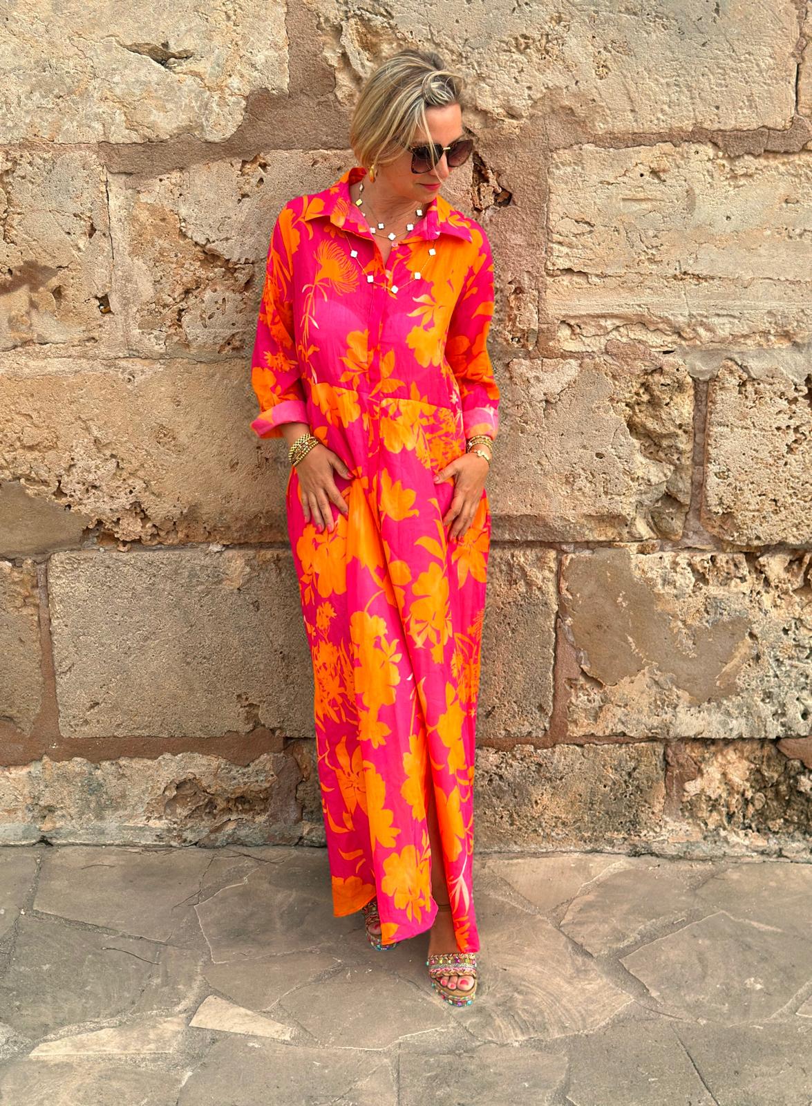 Weit geschnittenes Sommerkleid mit Kragen in SUNSET PALMS