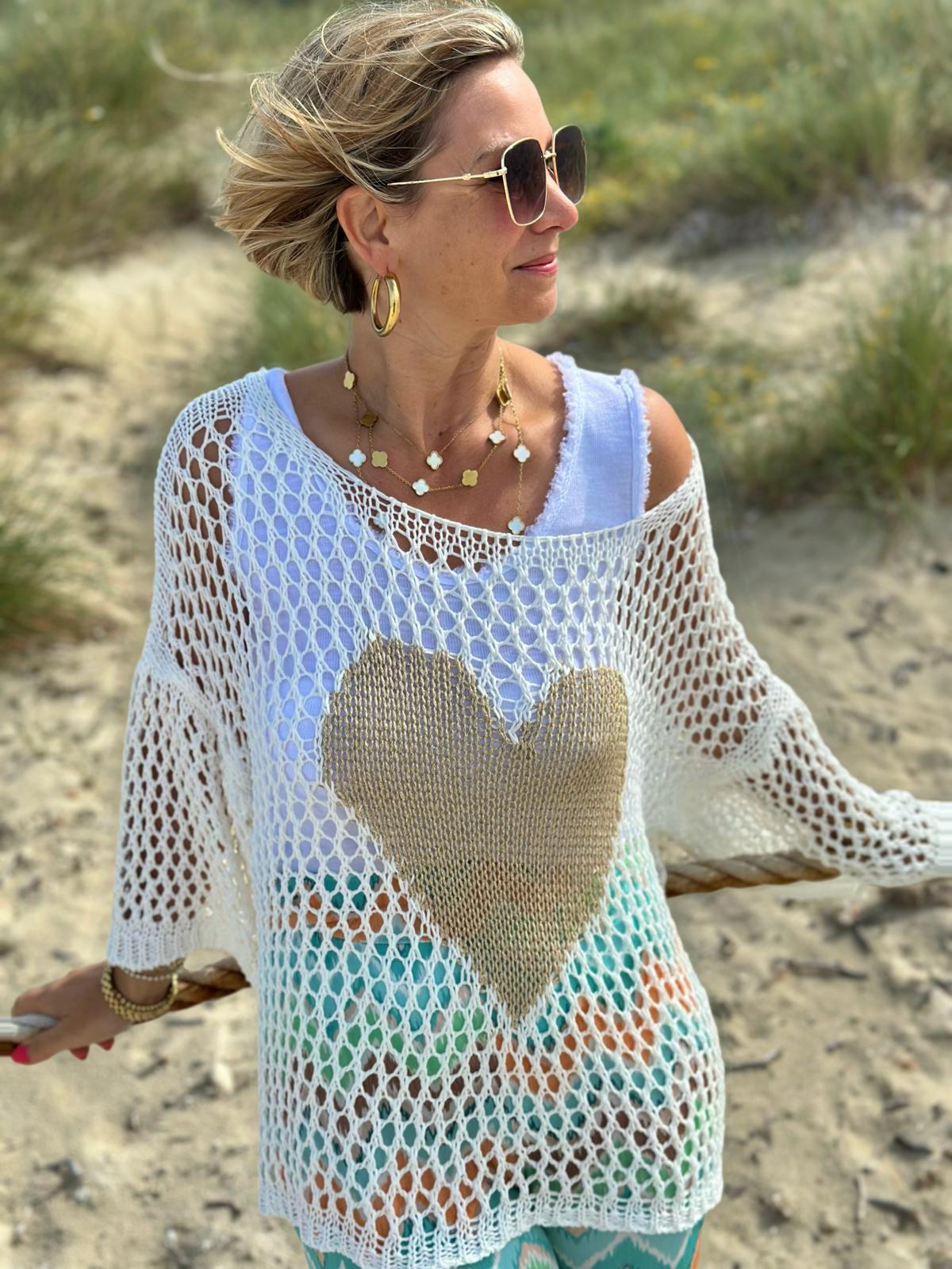 Süßer Onesize Netzpullover "HERZI" in Weiß