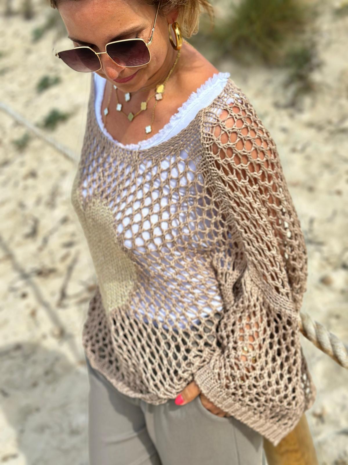 Süßer Onesize Netzpullover "HERZI" in Taupé