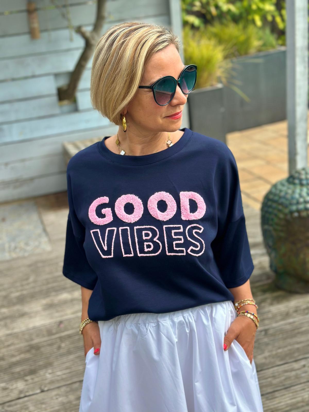"GOOD VIBES" Kurz-Arm Sweatshirt in NAVY