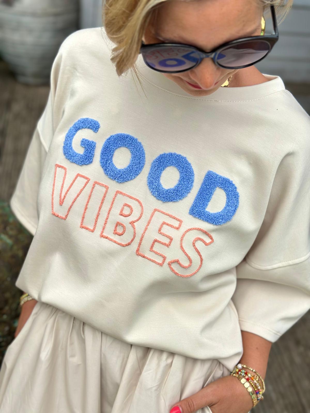 "GOOD VIBES" Kurz-Arm Sweatshirt in Cremé/Blue
