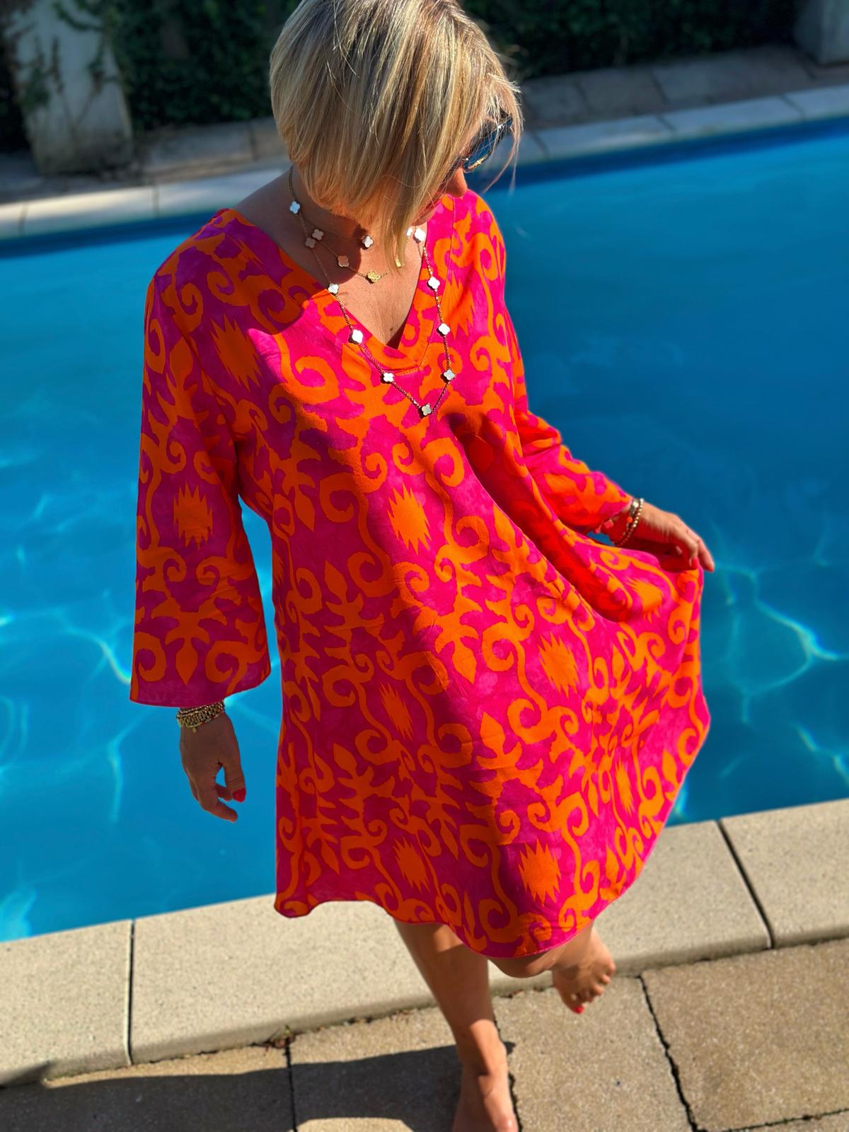 Sommerliches Tunika-Kleid "ESTEFANIA" in SUNSET ORANGE