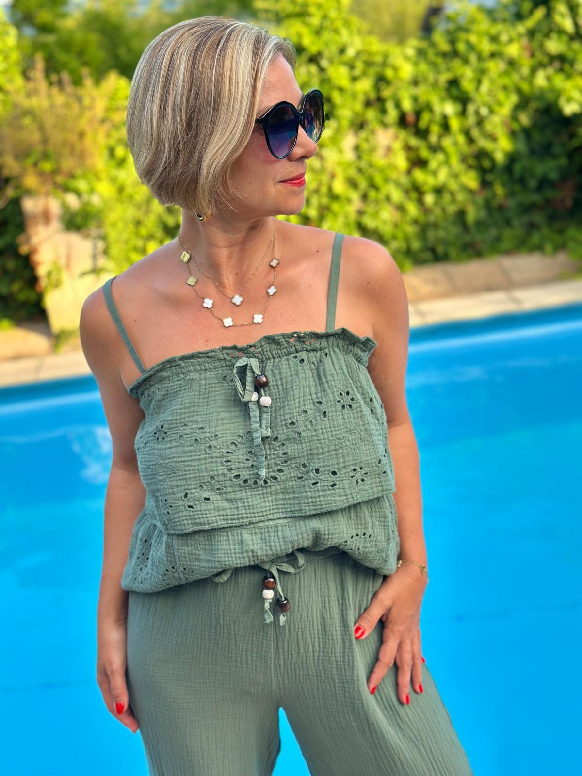 Sommerliche MUSSELIN HOSE "FLORENCE" in Oliv