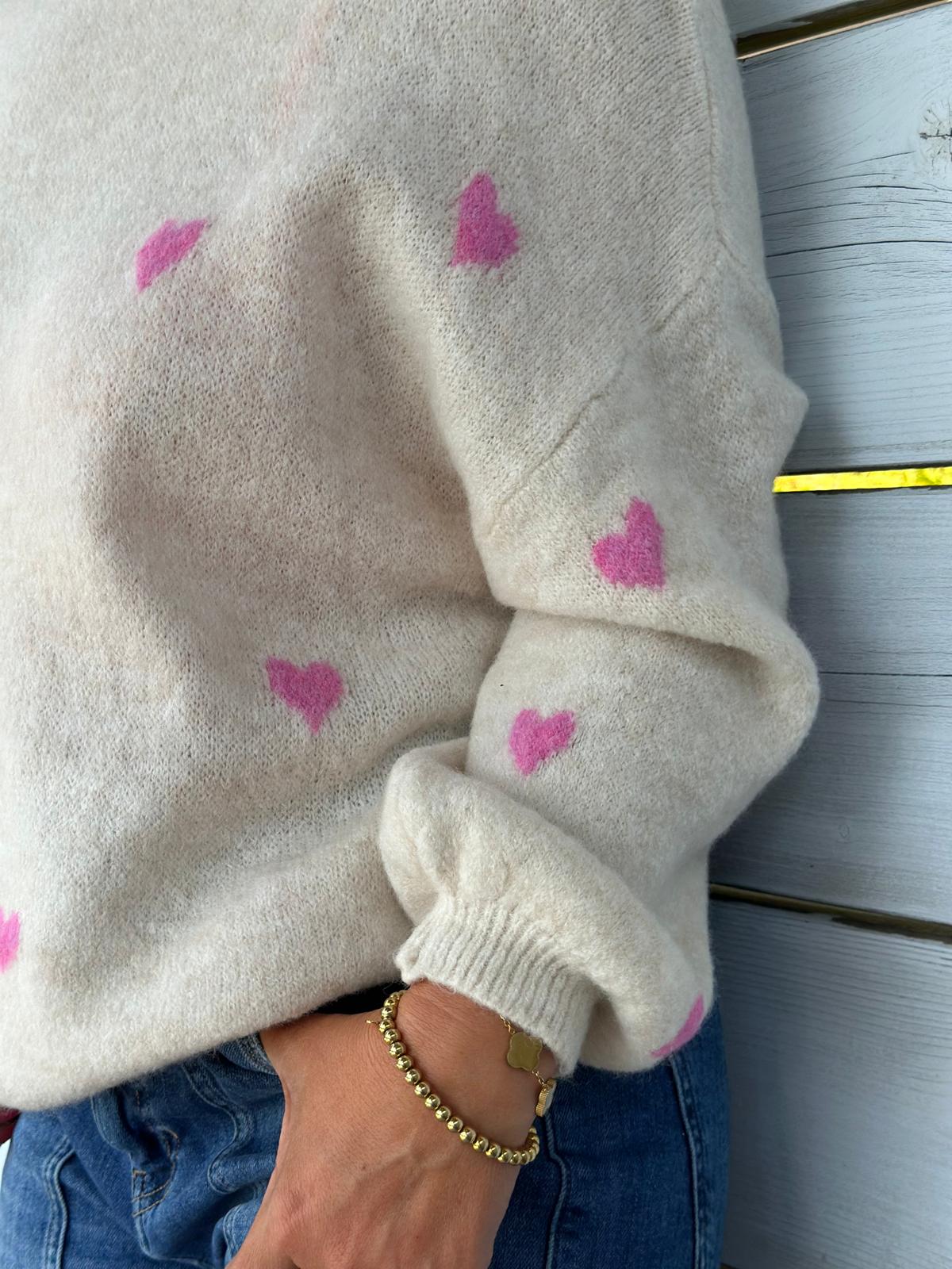 Süßer Strickpullover "Herzchen" in Cremé / Rosa