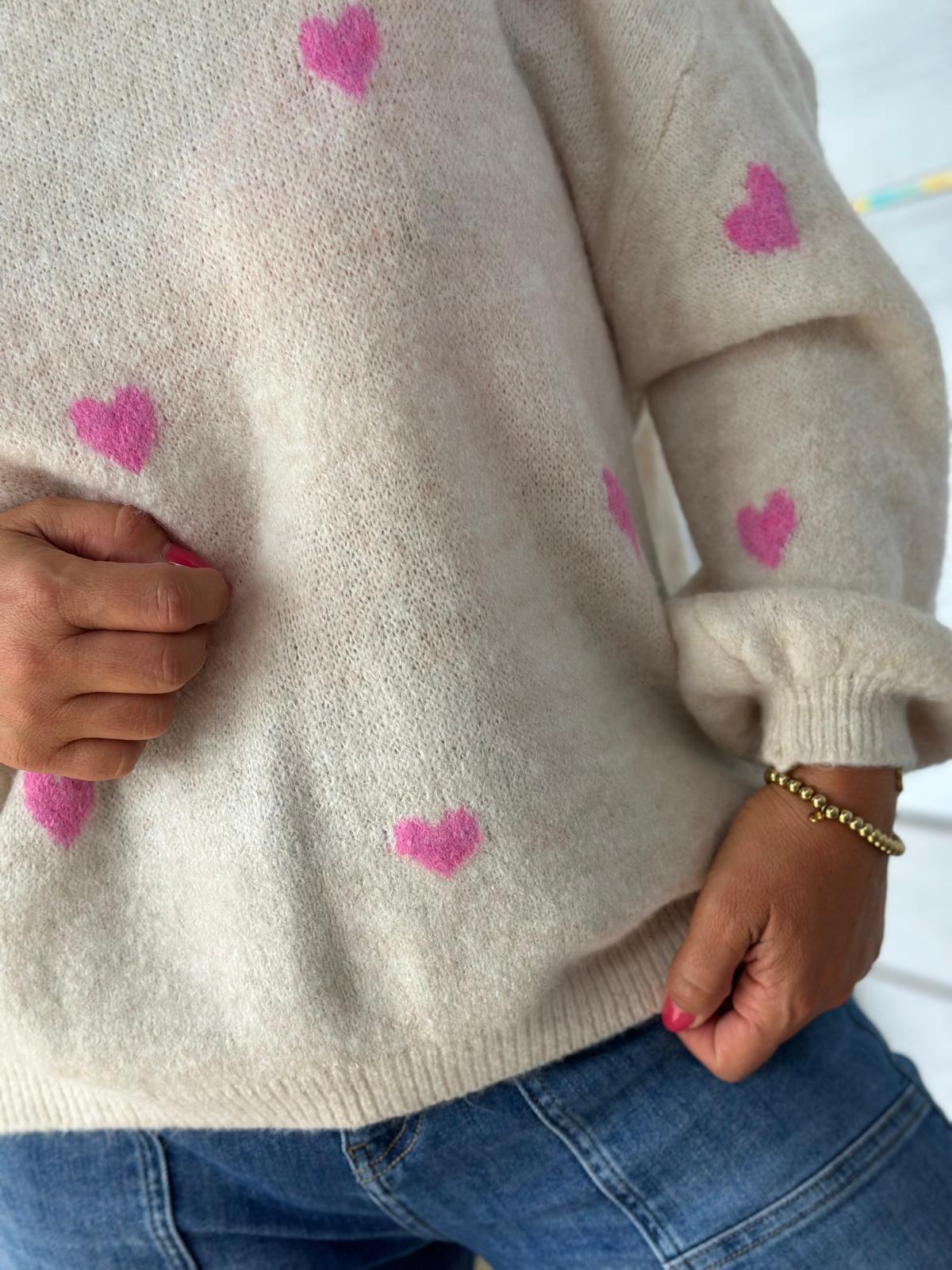 Süßer Strickpullover "Herzchen" in Cremé / Rosa