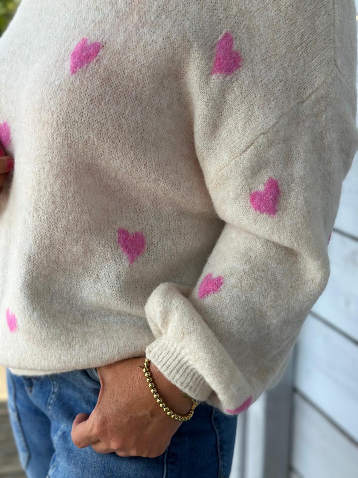 Süßer Strickpullover "Herzchen" in Cremé / Rosa