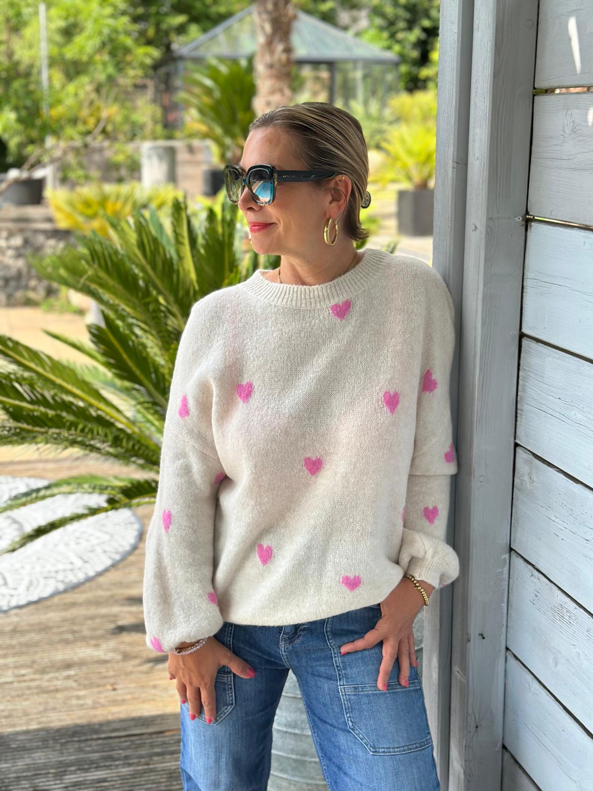 Süßer Strickpullover "Herzchen" in Cremé / Rosa