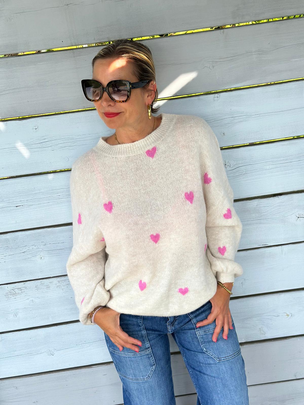Süßer Strickpullover "Herzchen" in Cremé / Rosa