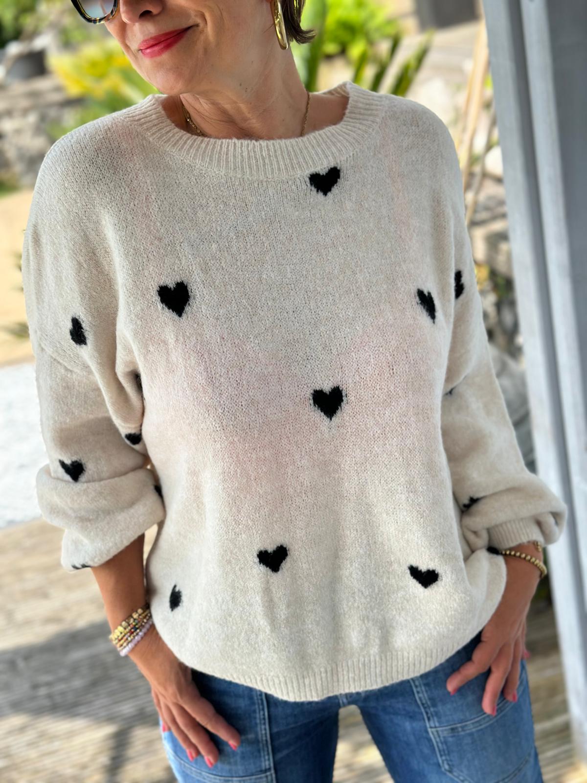 Süßer Strickpullover "Herzchen" in Cremé / Schwarz