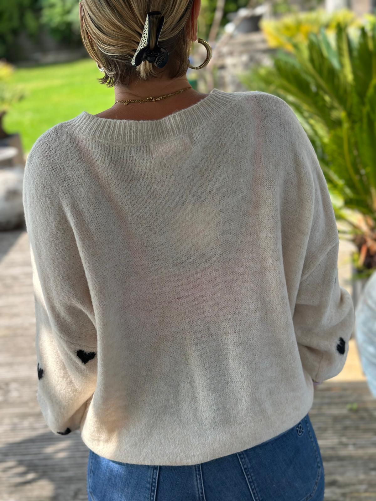 Süßer Strickpullover "Herzchen" in Cremé / Schwarz