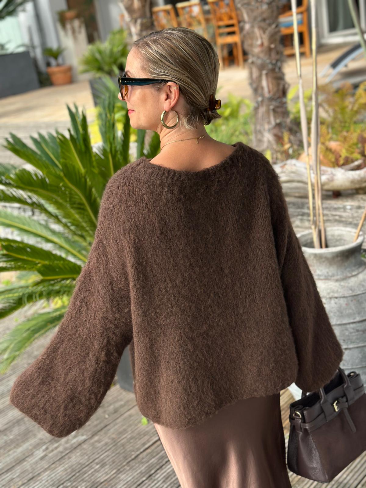 Weit geschnittener Onesize Pulli "SUPERFLAUSCH" in Chocolate