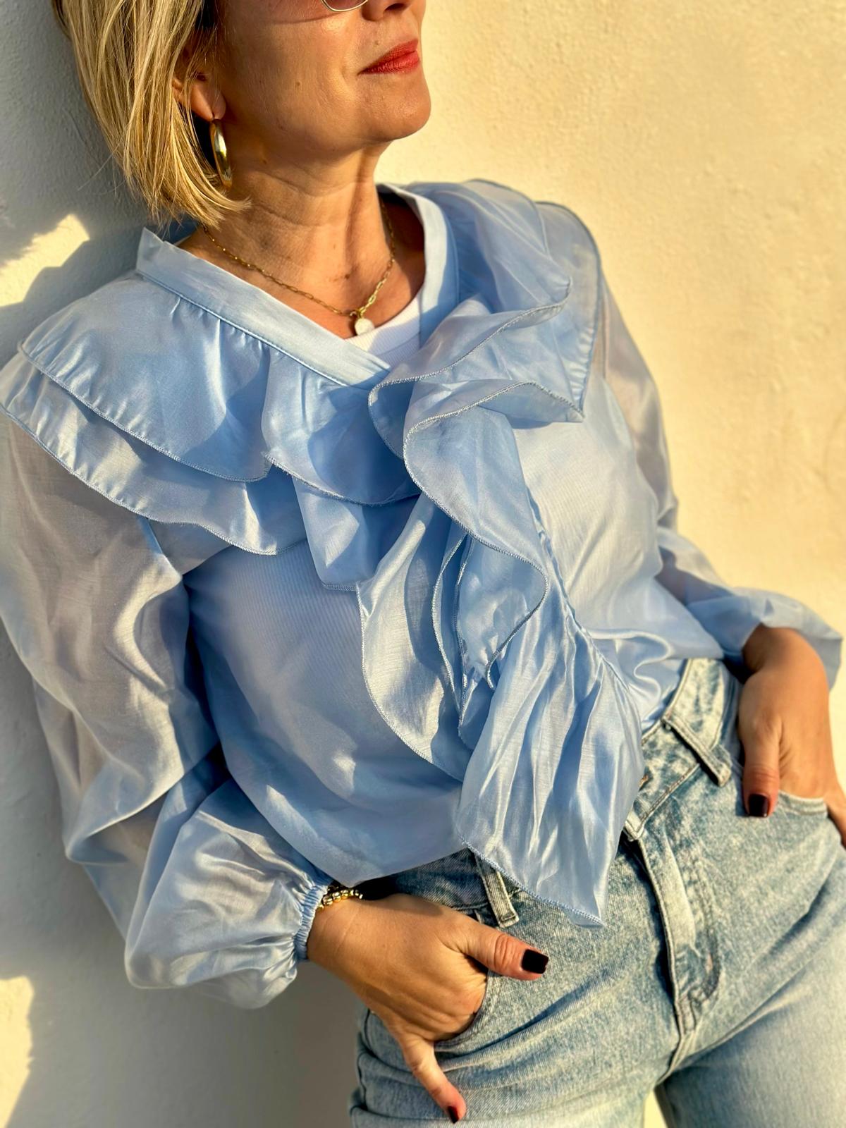 Elegante Volantbluse mit zarter Transparenz in Ocean