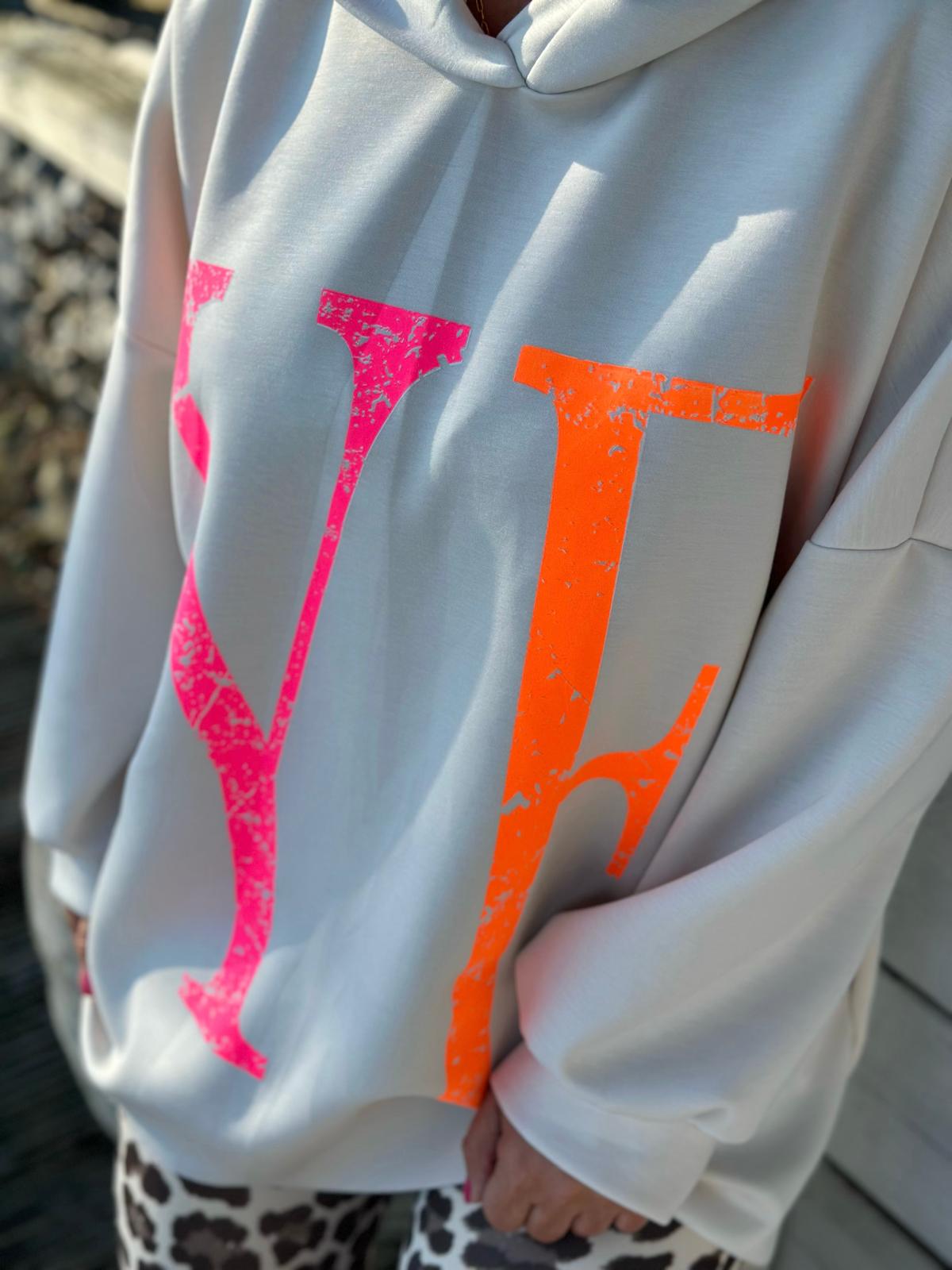 Oversize Hoodie „YEAH“ mit Front- & Backprint in Beige