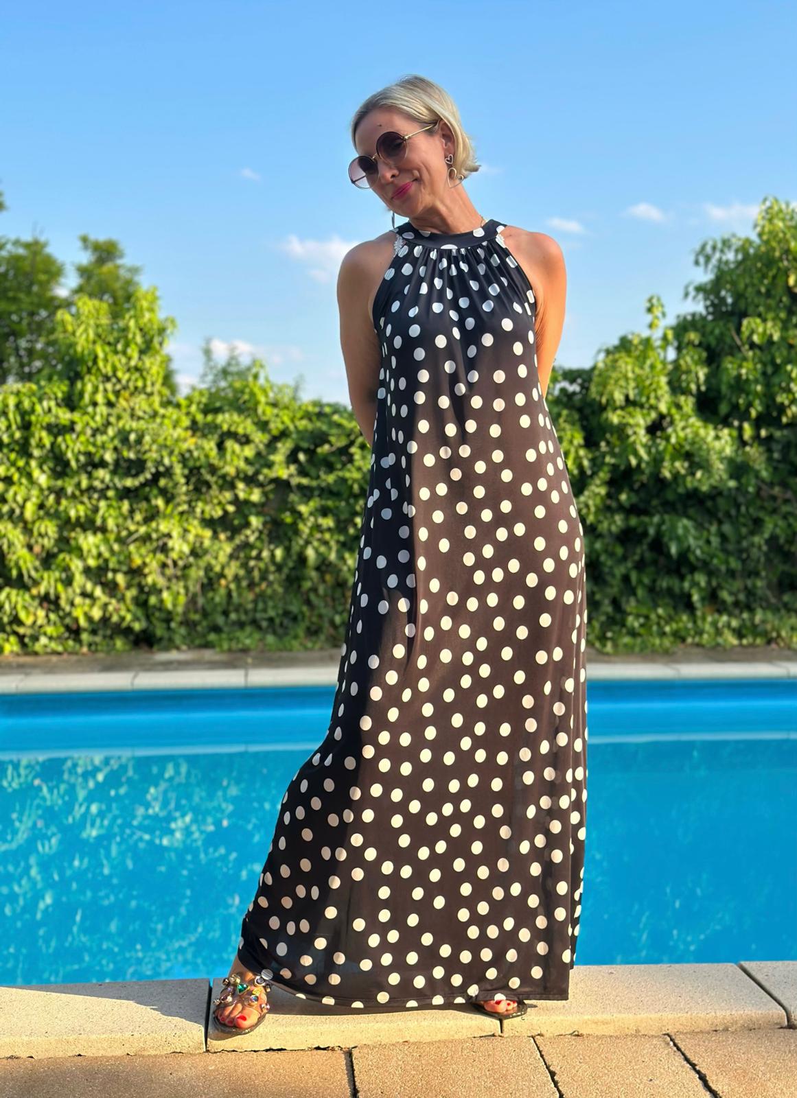 Dolce Dot Maxikleid in Schwarz mit weißen Punkten