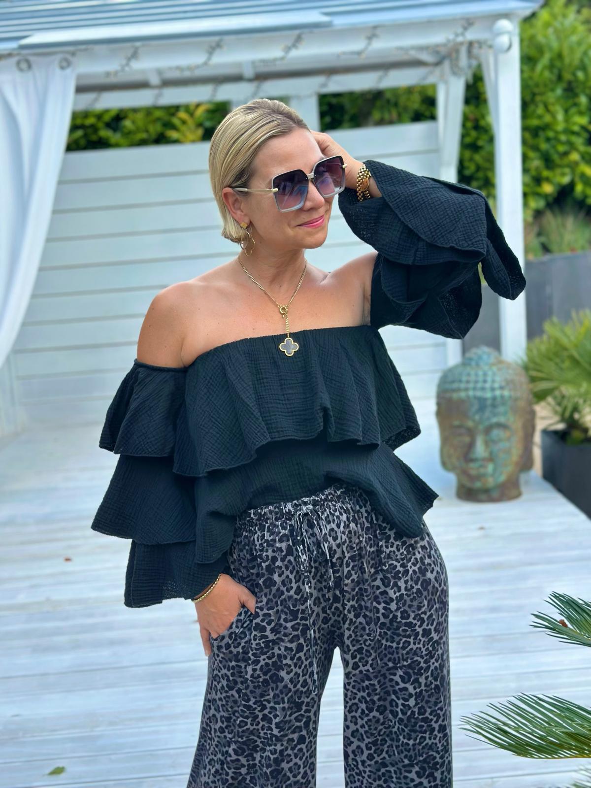 Musselin Volantbluse „Amélie“ – Schwarz