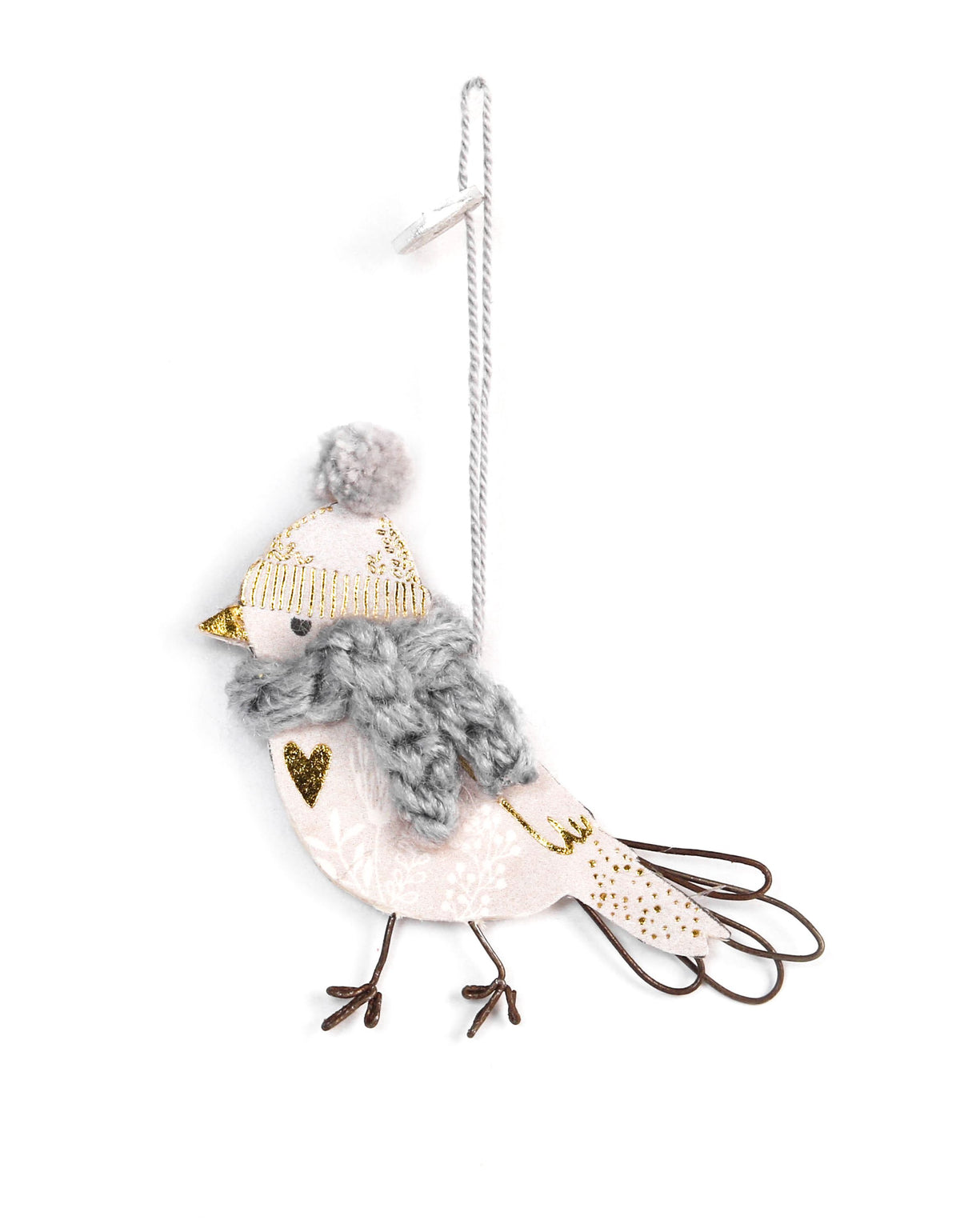 Mini Wintervogel mit Strickmütze & Schal – Grau