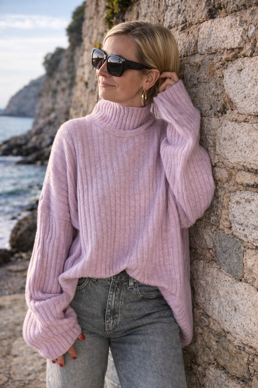 Kuscheliger Rippstrick-Rollkragen in Flieder