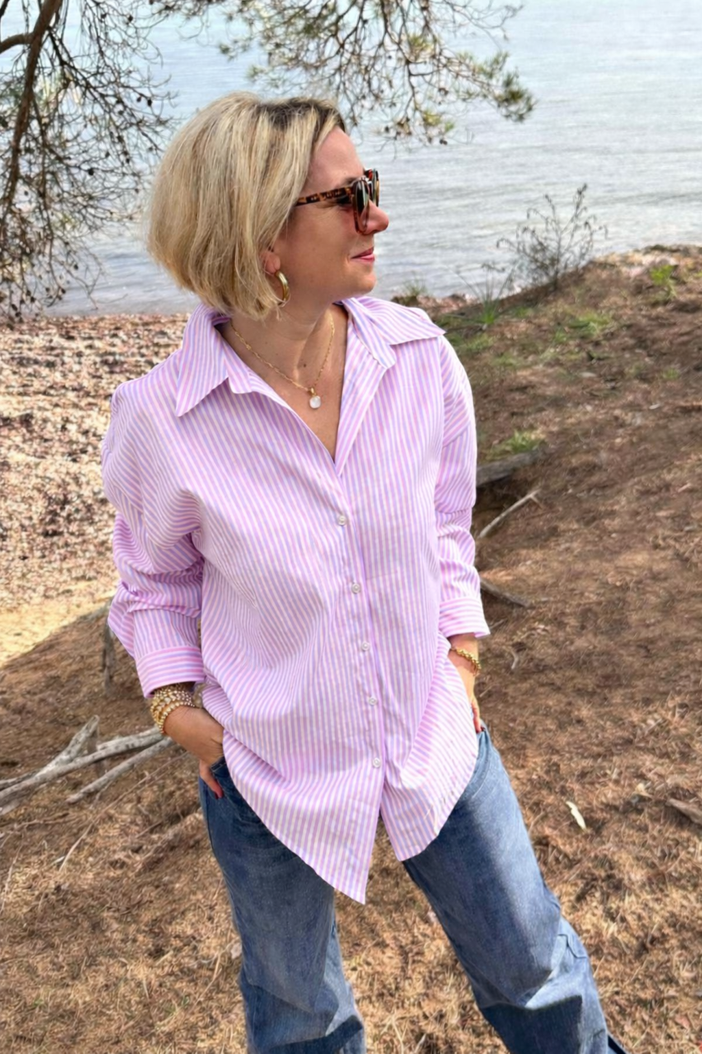 Stylische Streifenbluse "LOVE" in Pink