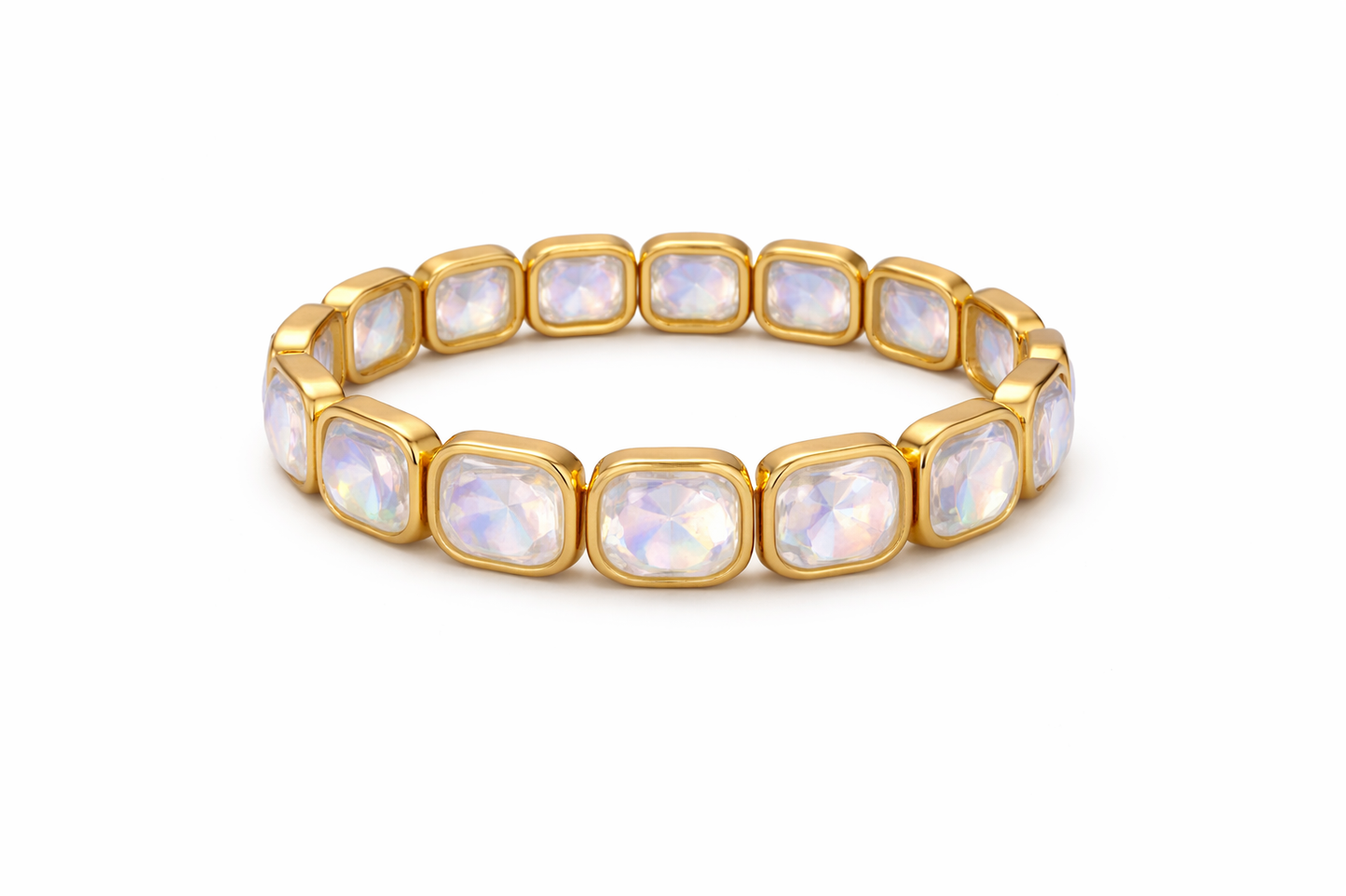 Pure Glow Stretch-Armband – Gold mit irisierenden Kristallen