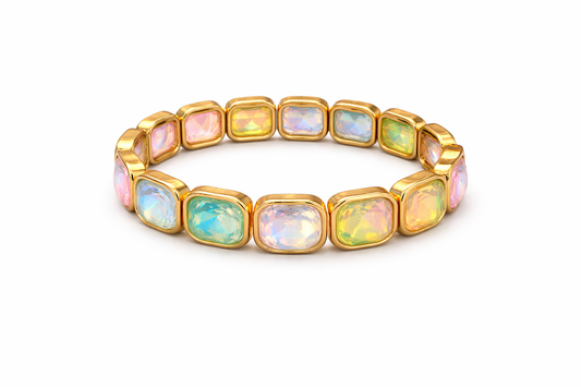 Rainbow Glow Stretch-Armband – Gold mit multicolor Kristallen